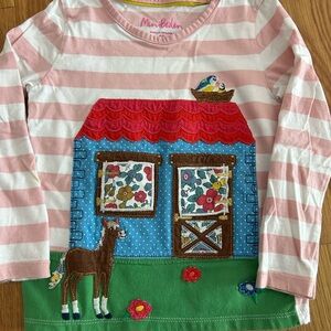 Mini Boden Pink Striped Long Sleeve with Colorful House and Animal Design